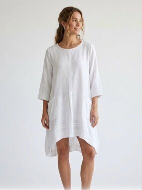 Lungo L’arno Linen Tunic Dress White 1X Lagenlook Women’s Round Patch Pockets